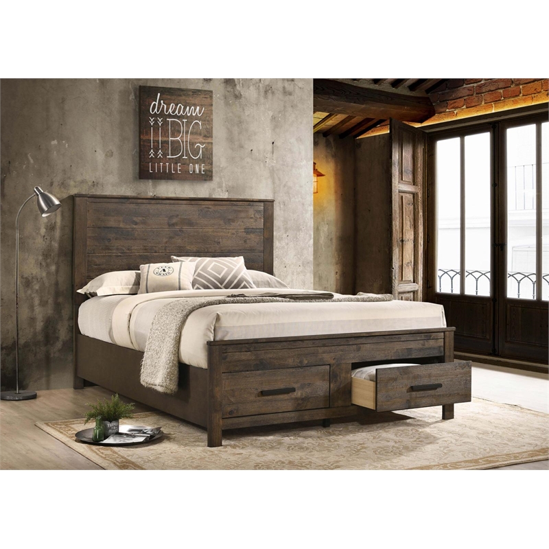 Pemberly Row Farmhouse Wood Eastern King Storage Bed Rustic Golden Brown