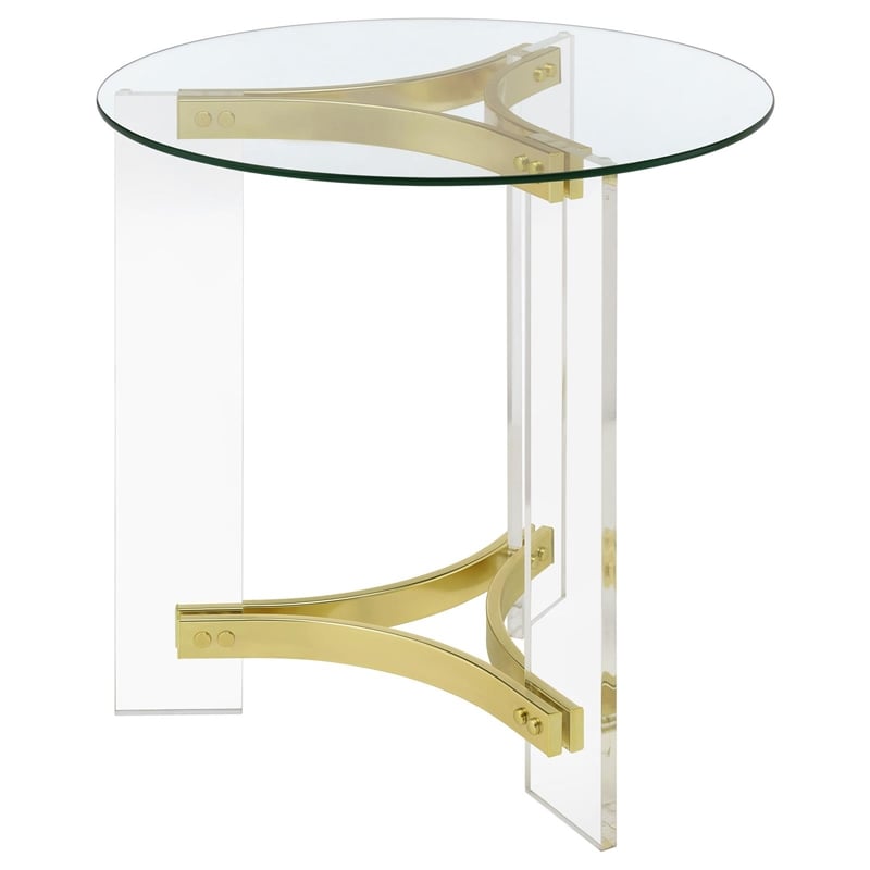 Pemberly Row Round Glass End Table with Acrylic Legs in Clear and Brass