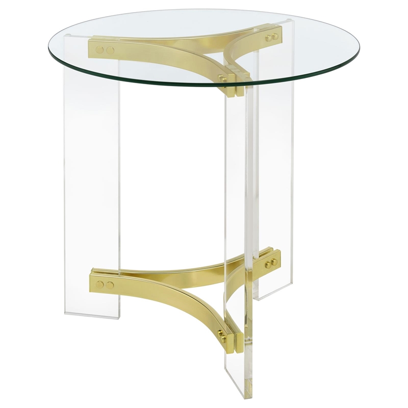 Pemberly Row Round Glass End Table with Acrylic Legs in Clear and Brass