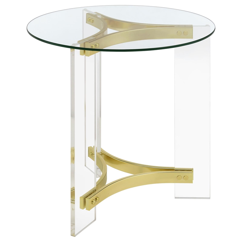 Pemberly Row Round Glass End Table with Acrylic Legs in Clear and Brass