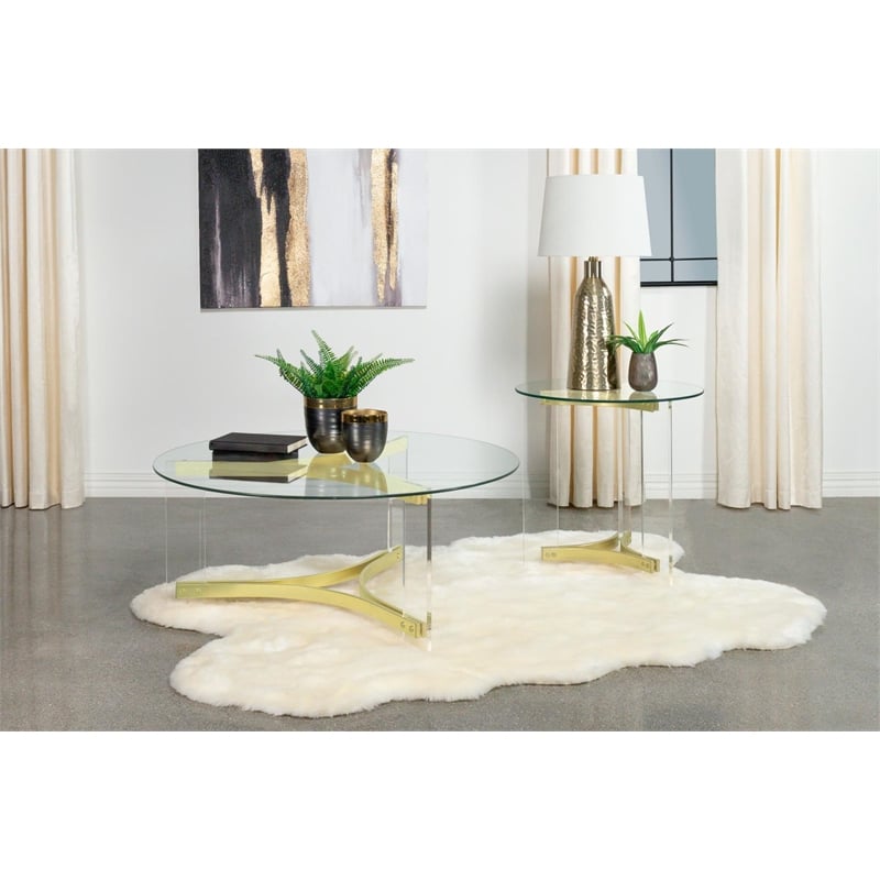 Pemberly Row Round Glass End Table with Acrylic Legs in Clear and Brass