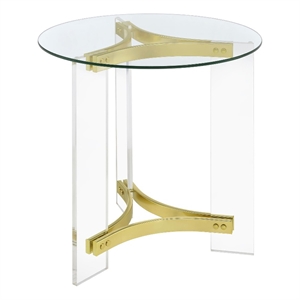 Pemberly Row Round Glass End Table with Acrylic Legs in Clear and Brass