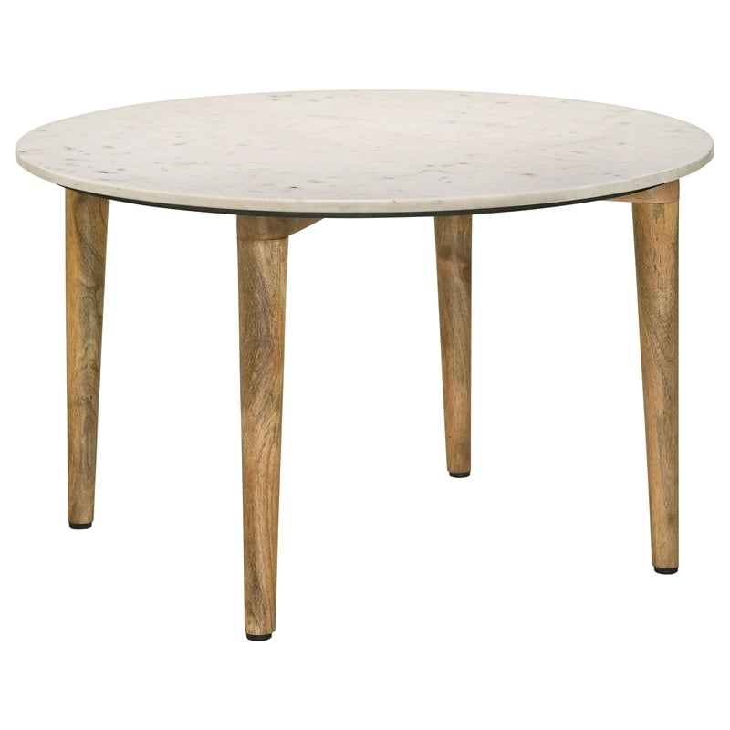 Pemberly Row Round Marble & Wood Coffee Table in White and Natural