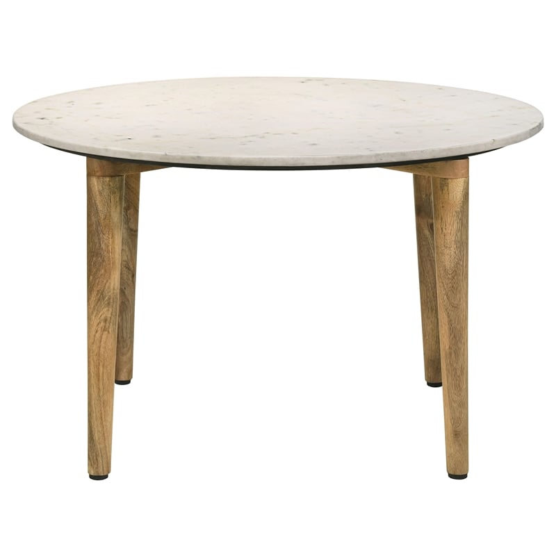 Pemberly Row Round Marble & Wood Coffee Table in White and Natural