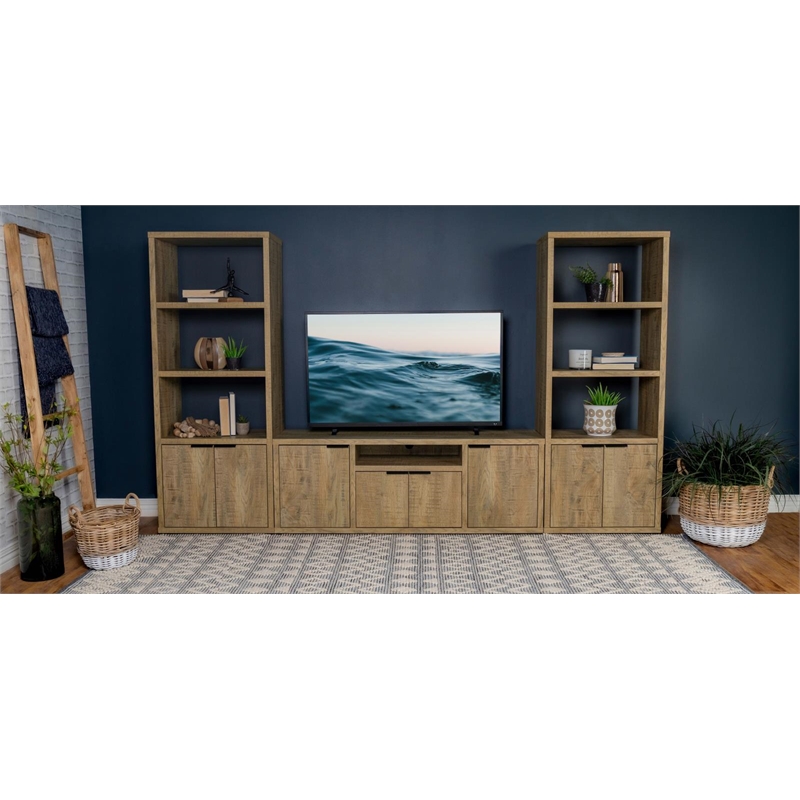 Pemberly Row 3-Shelf Farmhouse Engineered Wood Media Tower in Brown