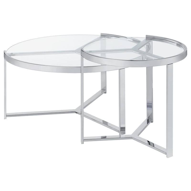 Pemberly Row 2-Piece Metal Round Glass Top Nesting Coffee Table Chrome