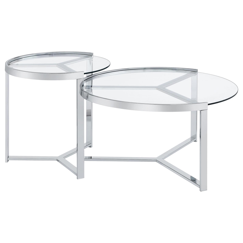 Pemberly Row 2-Piece Metal Round Glass Top Nesting Coffee Table Chrome