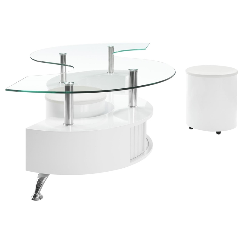 Pemberly Row Wood Curved Glass Top Coffee Table With Stools in White