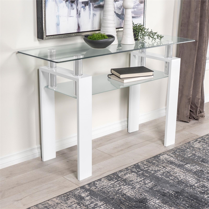 Pemberly Row Metal Rectangular Glass Top Sofa Table With Shelf White