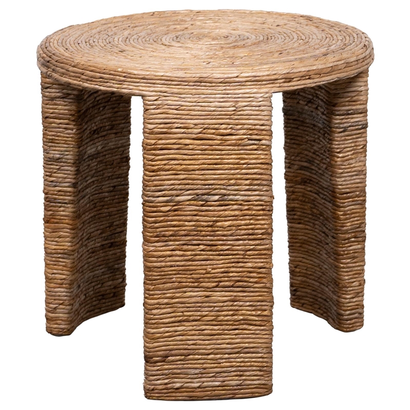 Pemberly Row Coastal Wood Round Rattan Three Legs End Table in Natural