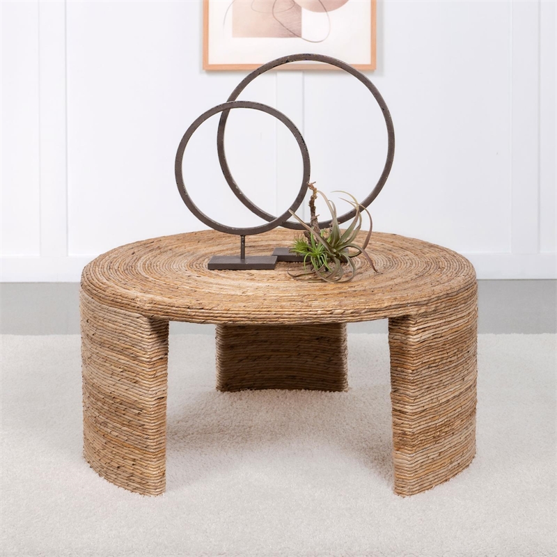 Pemberly Row Coastal Wood Round Three Legs Coffee Table in Natural
