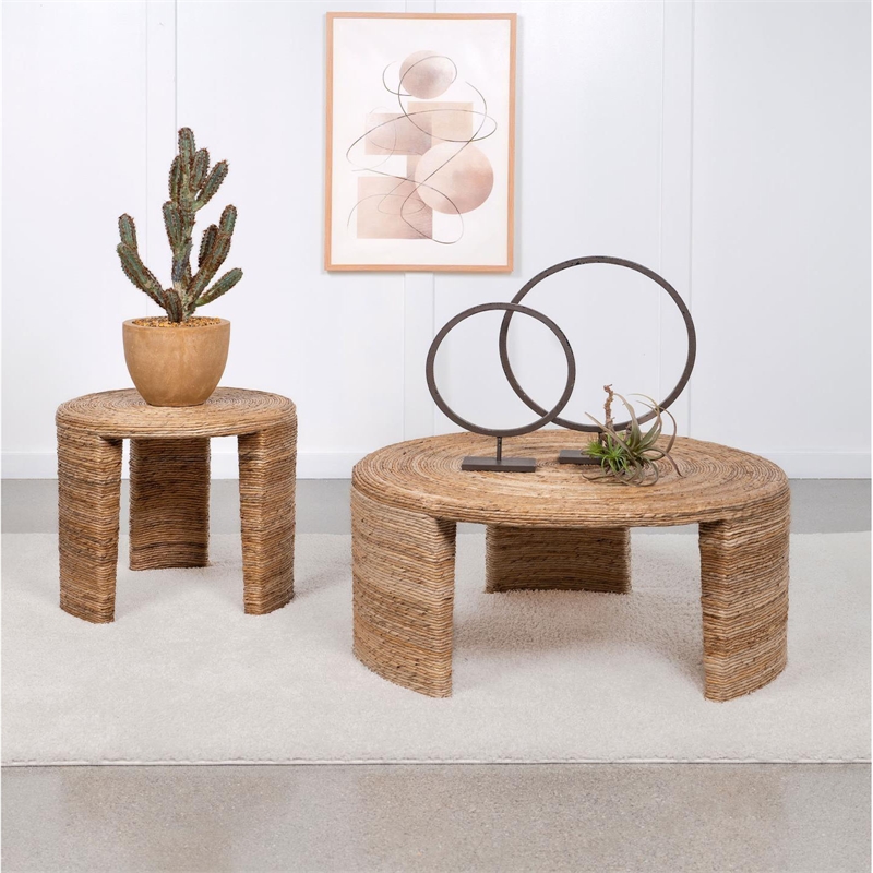 Pemberly Row Coastal Wood Round Three Legs Coffee Table in Natural
