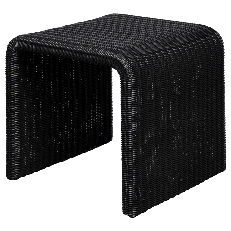 Pemberly Row Coastal Woven Rattan U-Shaped Square End Table in Black