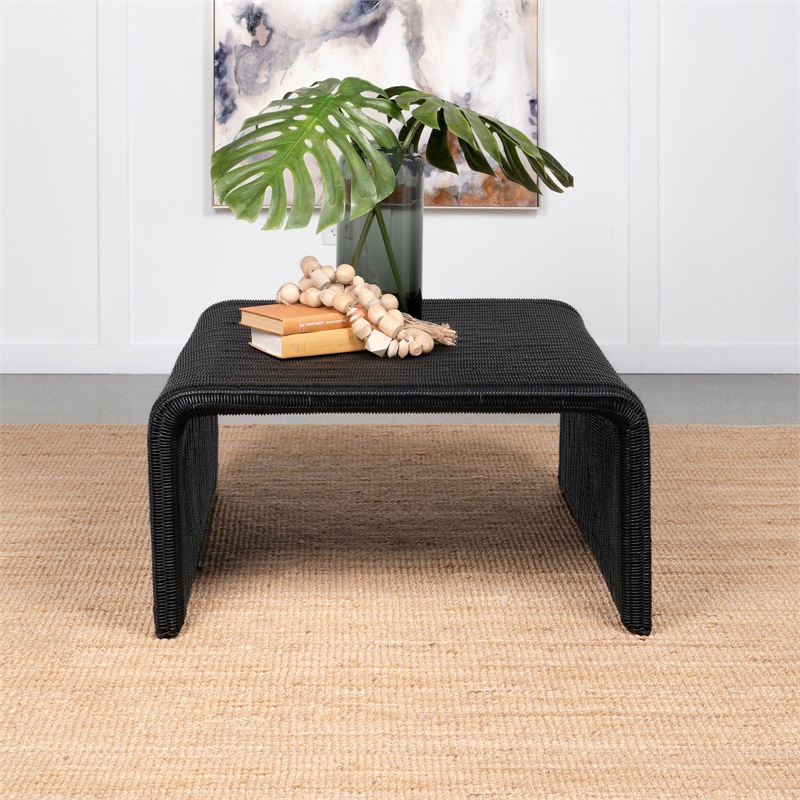 Pemberly Row Coastal Woven Rattan Square U-Shaped Coffee Table in Black