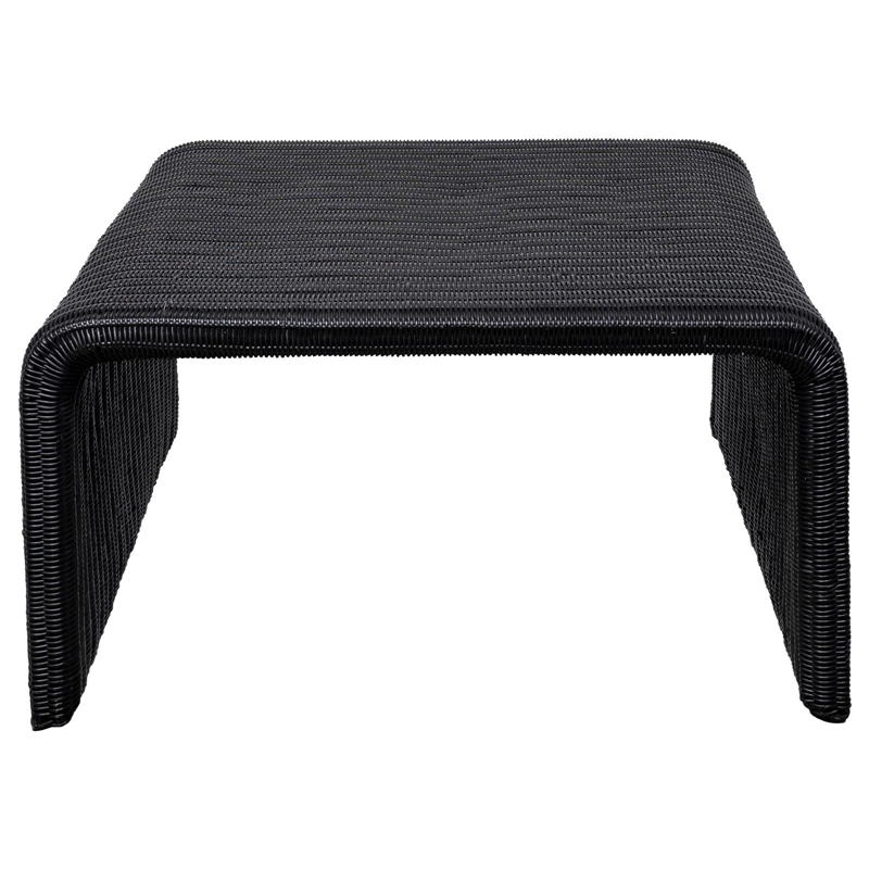 Pemberly Row Coastal Woven Rattan Square U-Shaped Coffee Table in Black