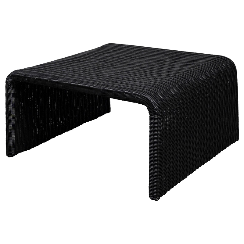 Pemberly Row Coastal Woven Rattan Square U-Shaped Coffee Table in Black