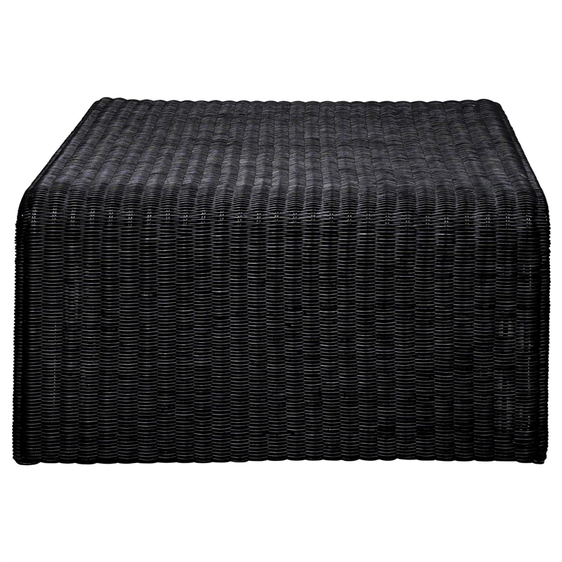 Pemberly Row Coastal Woven Rattan Square U-Shaped Coffee Table in Black