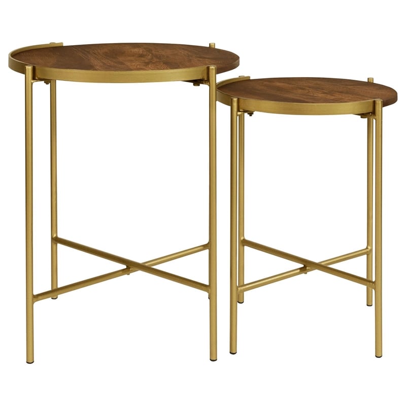 Pemberly Row 2-piece Wood Round Nesting Table in Dark Brown and Gold