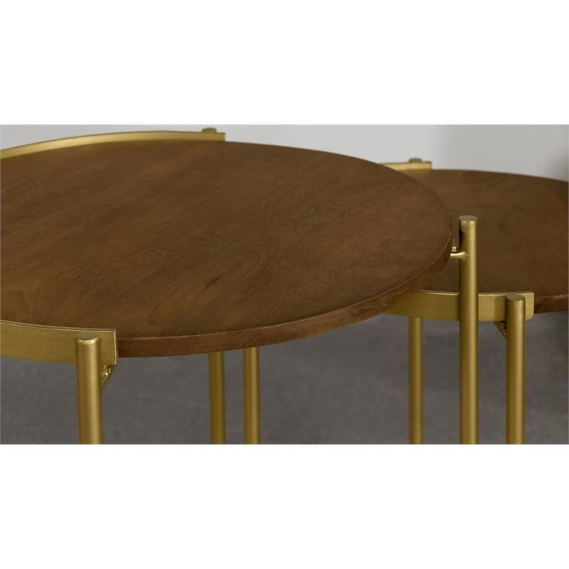 Pemberly Row 2-piece Wood Round Nesting Table in Dark Brown and Gold