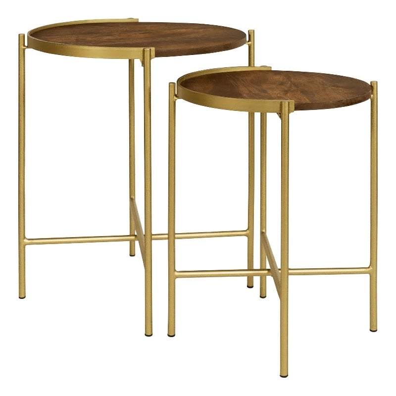 Pemberly Row 2-piece Wood Round Nesting Table in Dark Brown and Gold