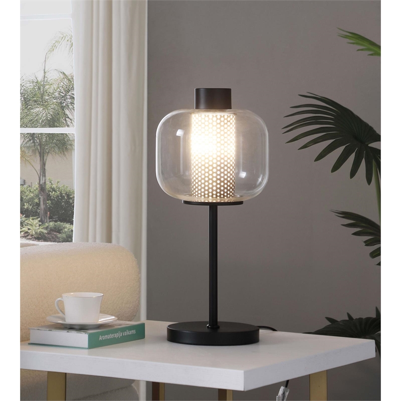 Pemberly Row Modern Metal & Glass Shade Bedside Table Lamp in Black