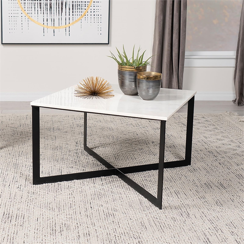Pemberly Row Modern Metal Square Marble Top Coffee Table White and Black