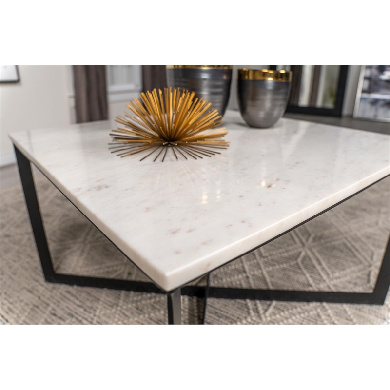 Pemberly Row Modern Metal Square Marble Top Coffee Table White and Black