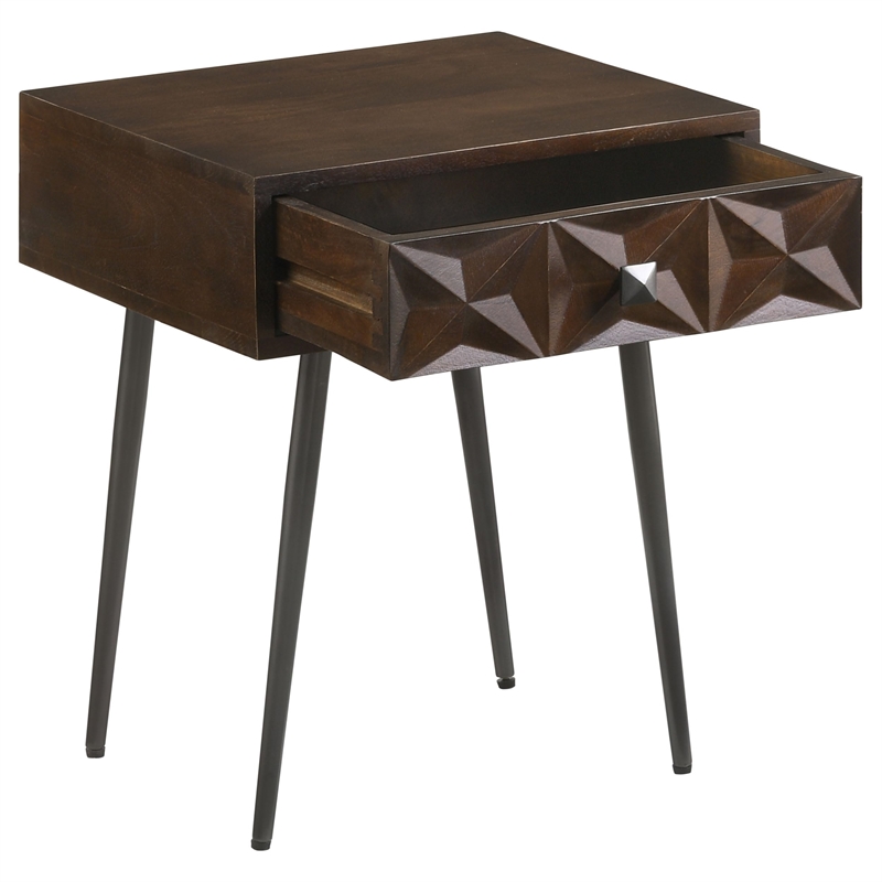 Pemberly Row 1-Drawer Mid-Century Wood Accent Table in Coffee Brown/Gunmetal