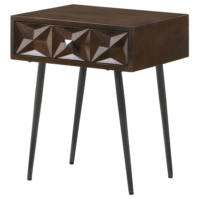 Pemberly Row 1-Drawer Mid-Century Wood Accent Table in Coffee Brown/Gunmetal