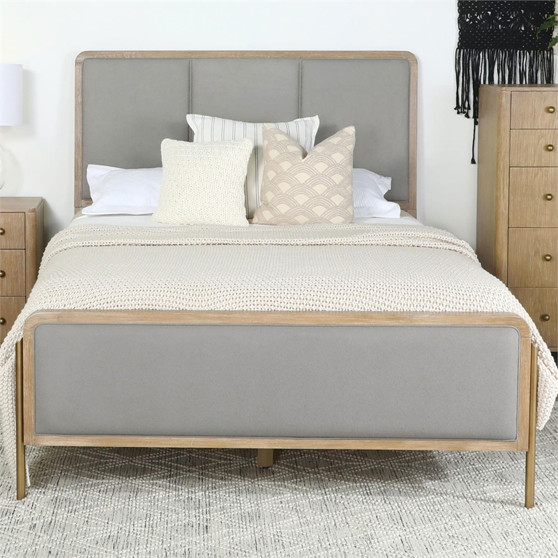 Pemberly Row Upholstered Fabric Eastern King Panel Bed in Sand Wash and Gray