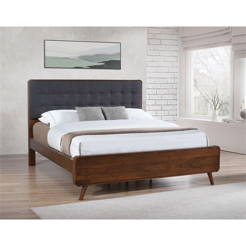 Pemberly Row Wood California King Bed with Upholstered Headboard Dark Walnut