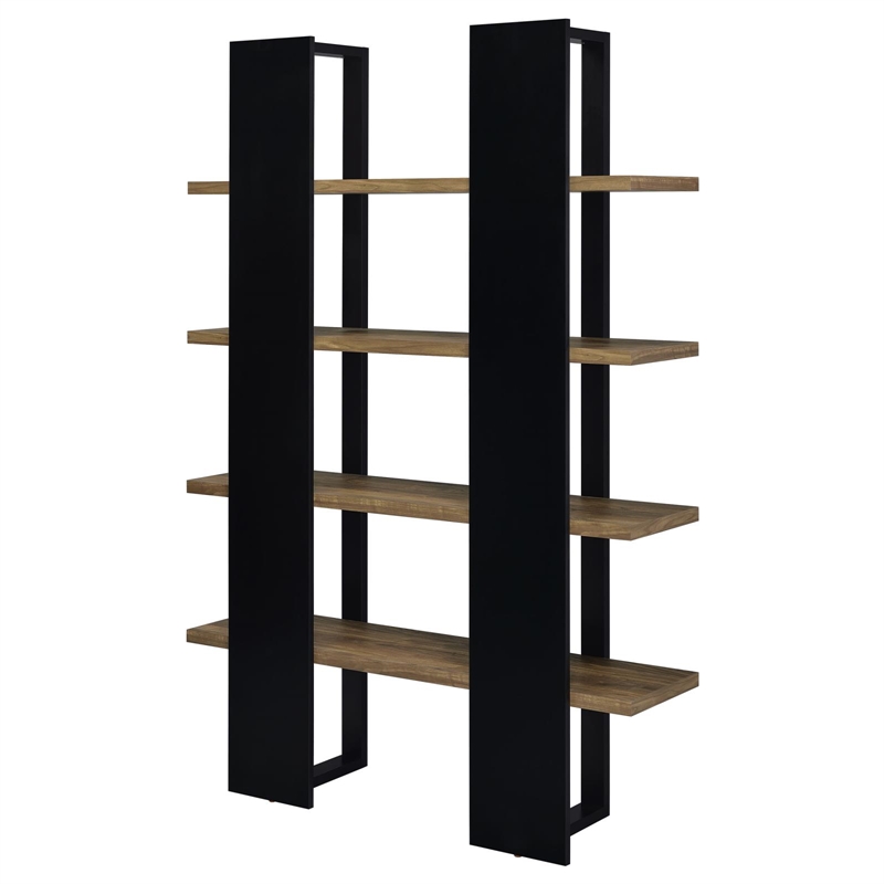 Pemberly Row Wood Bookcase with 4 Full-length Shelves Black and Aged Walnut