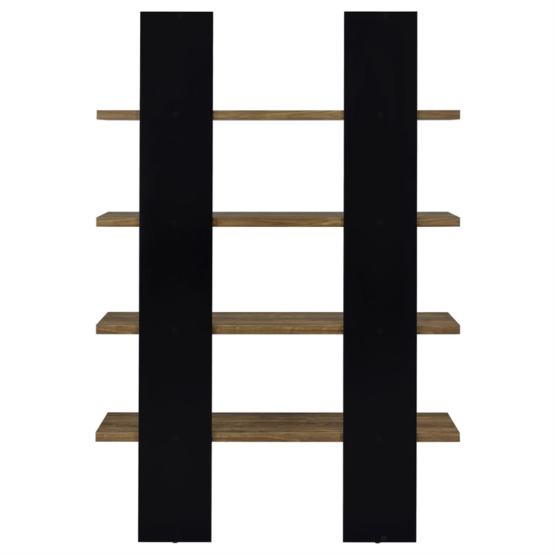 Pemberly Row Wood Bookcase with 4 Full-length Shelves Black and Aged Walnut