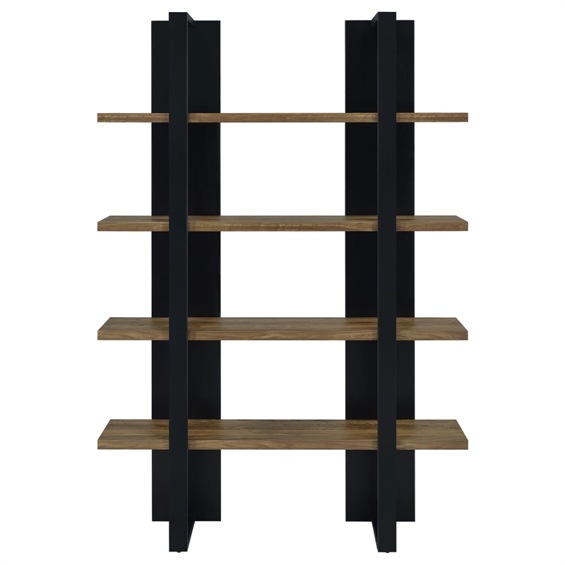 Pemberly Row Wood Bookcase with 4 Full-length Shelves Black and Aged Walnut