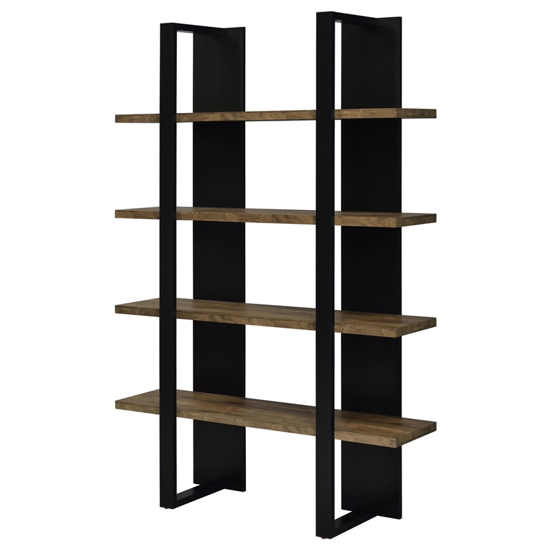 Pemberly Row Wood Bookcase with 4 Full-length Shelves Black and Aged Walnut