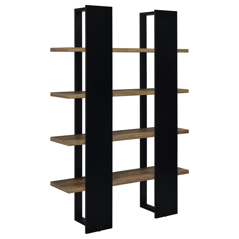 Pemberly Row Wood Bookcase with 4 Full-length Shelves Black and Aged Walnut