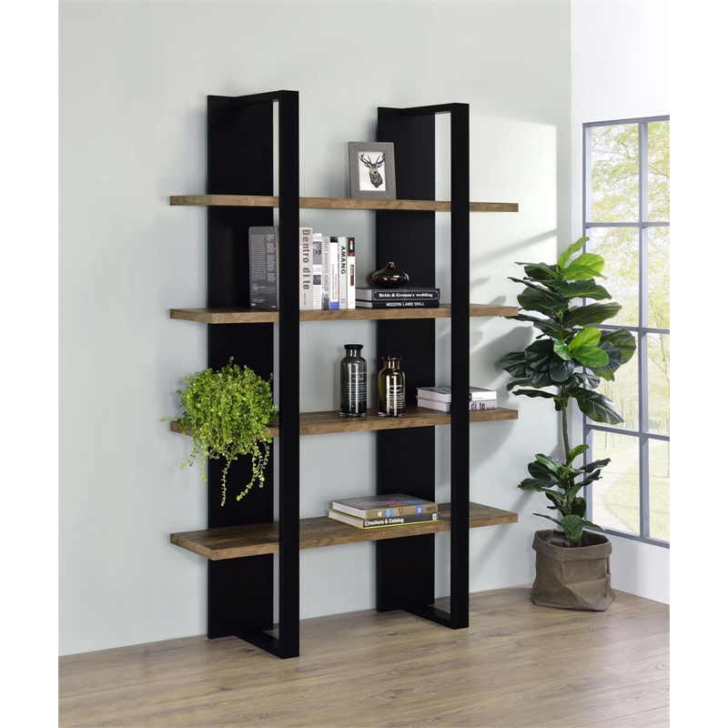 Pemberly Row Wood Bookcase with 4 Full-length Shelves Black and Aged Walnut