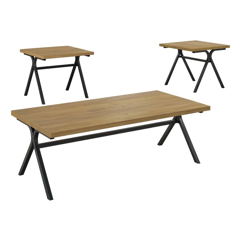 Pemberly Row 3-piece Wood Trestle Occasional Table Set Golden Oak and Gunmetal
