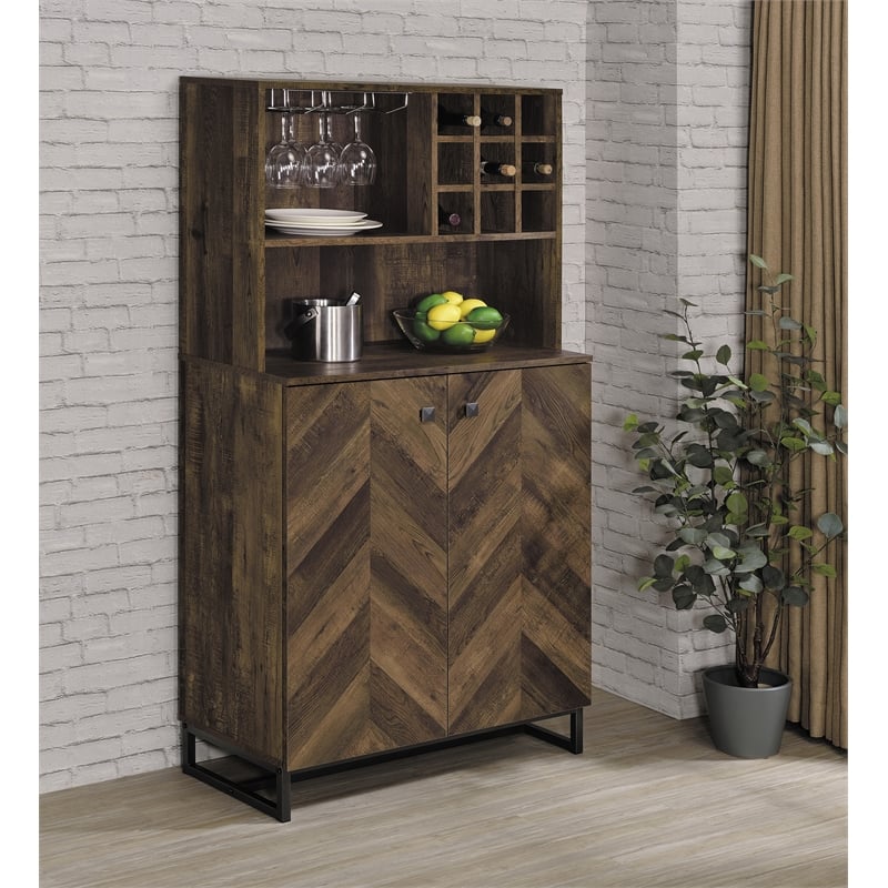 Pemberly Row 2-door Wood Wine Cabinet Rustic Oak Herringbone and Gunmetal