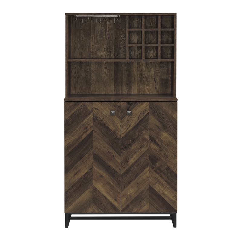 Pemberly Row 2-door Wood Wine Cabinet Rustic Oak Herringbone and Gunmetal