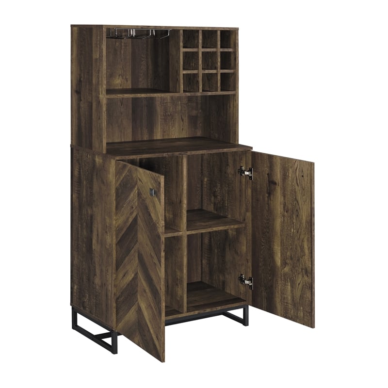 Pemberly Row 2-door Wood Wine Cabinet Rustic Oak Herringbone and Gunmetal