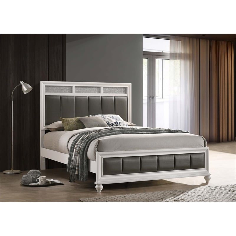 Pemberly Row Wood California King Upholstered Panel Bed in White and Gray