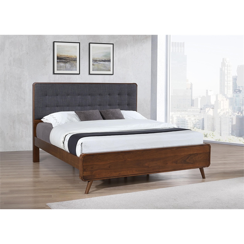 Pemberly Row Wood Eastern King Bed with Upholstered Headboard Dark Walnut