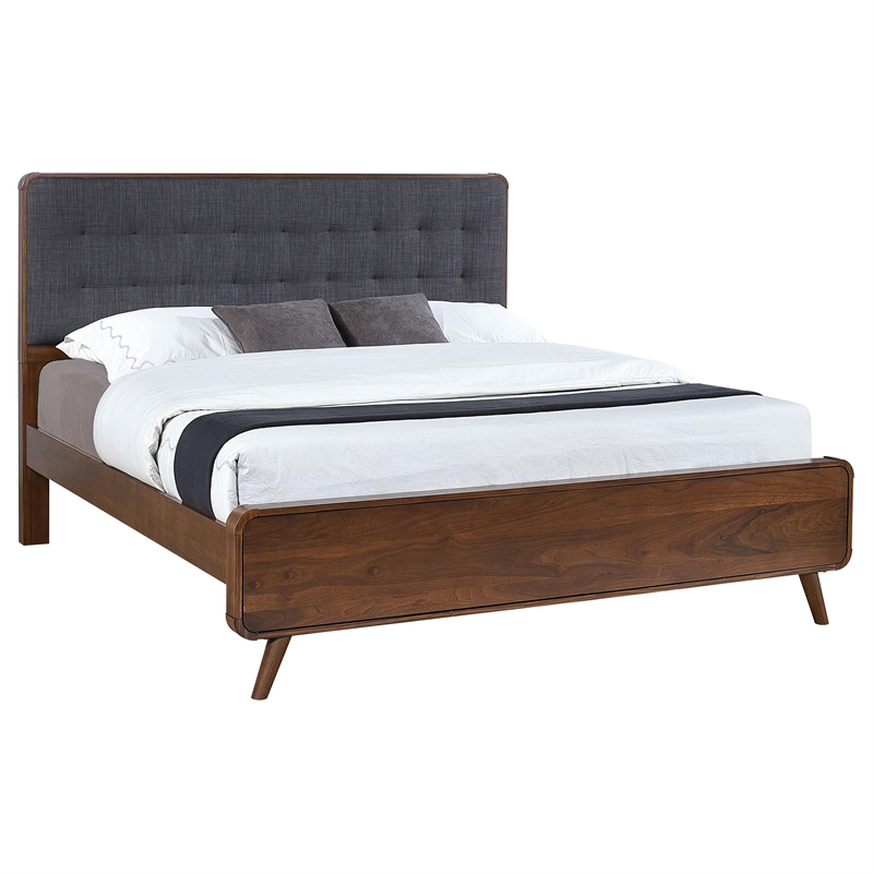 Pemberly Row Wood Eastern King Bed with Upholstered Headboard Dark Walnut