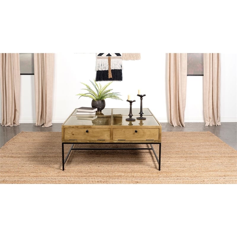 Pemberly Row 4-Drawer Square Wood & Glass Coffee Table in Honey Brown/Clear