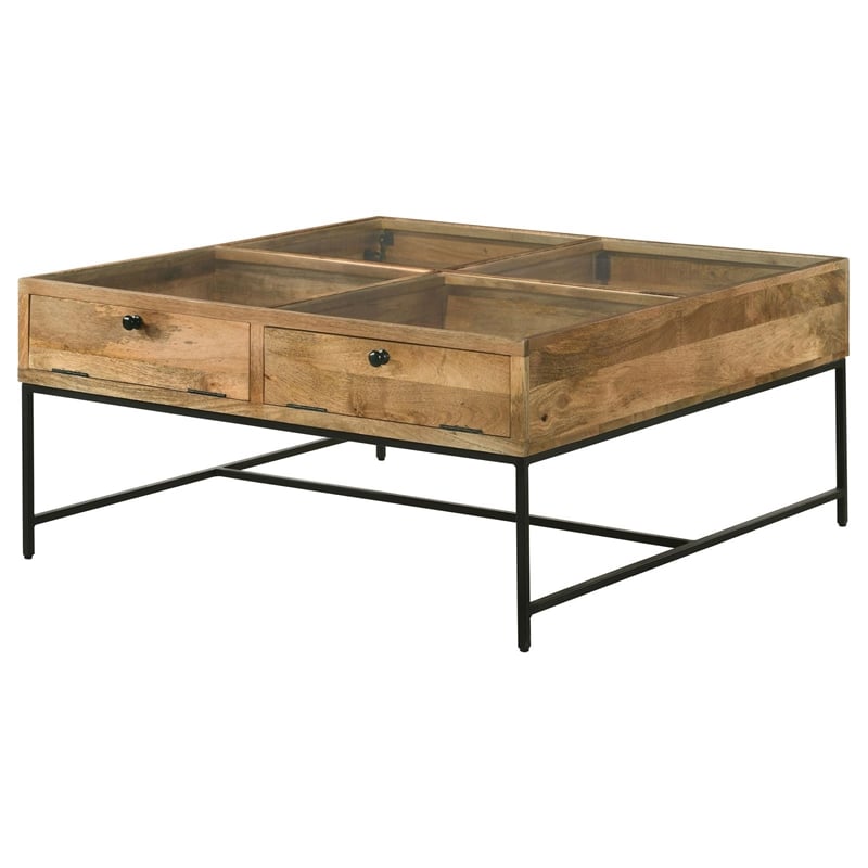 Pemberly Row 4-Drawer Square Wood & Glass Coffee Table in Honey Brown/Clear
