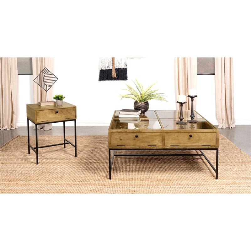 Pemberly Row 4-Drawer Square Wood & Glass Coffee Table in Honey Brown/Clear