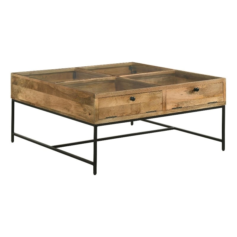 Pemberly Row 4-Drawer Square Wood & Glass Coffee Table in Honey Brown/Clear