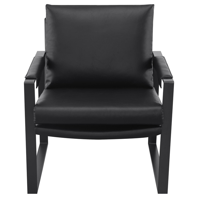 Pemberly Row Upholstered Faux Leather Accent Chair with Track Arms in Black