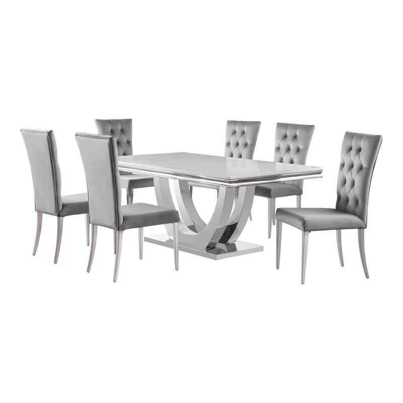 Pemberly Row 7-piece Modern Metal Base Dining Room Set in Gray and Chrome